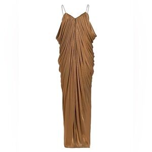 HALPERN Waterfall Draped Long Dress Bronze Metallic Column Gown Sweetheart Satin